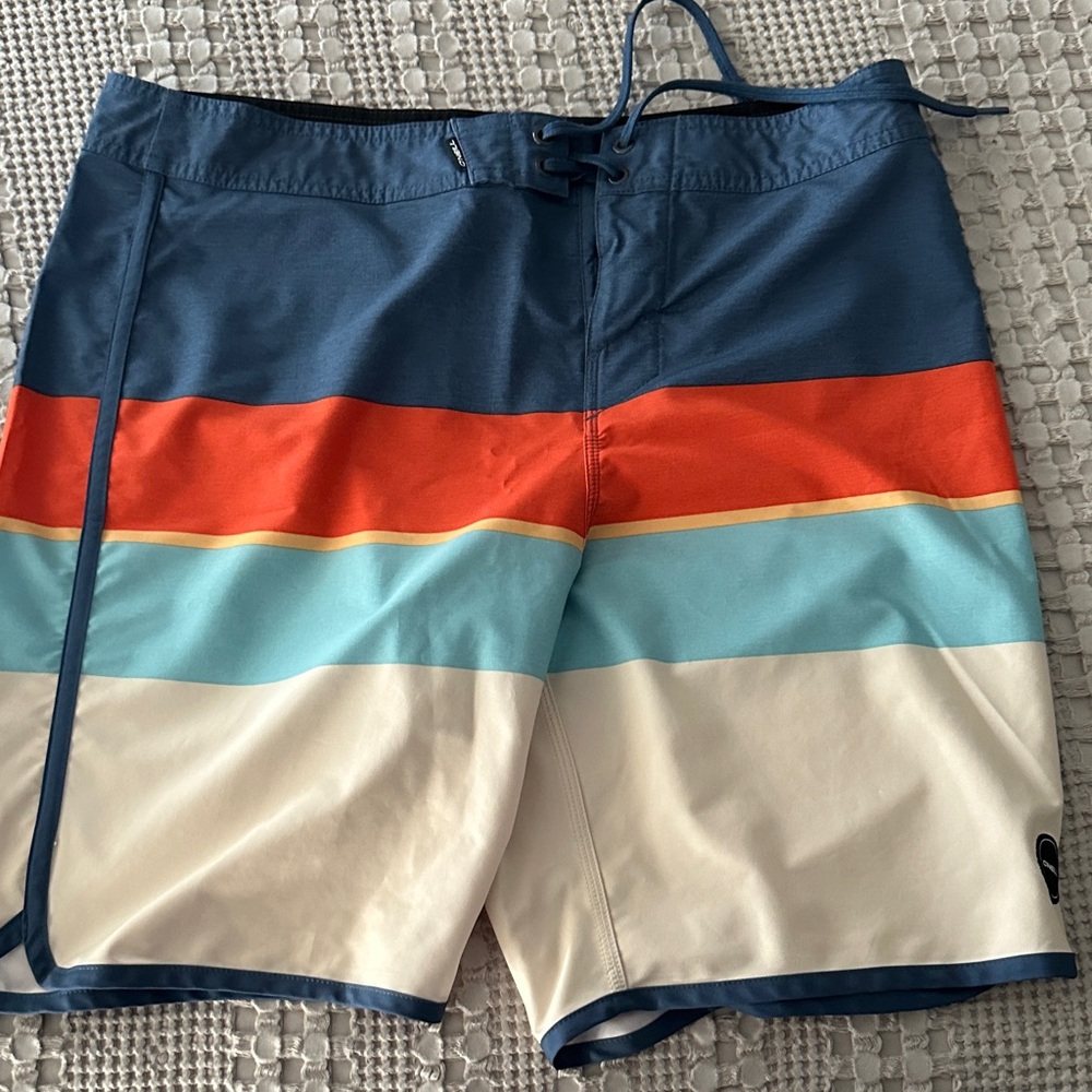 O'Neill Blue and Orange Striped Board Shorts 34